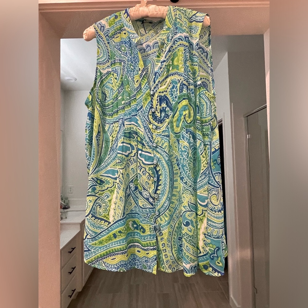 Women’s Size L Blouse turquoise/green & white print Jones New York signature